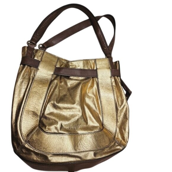 Kooba Gold & Brown Leather Shoulder Bag Boho Tote Bag Maximalism Metallic - Picture 2 of 11